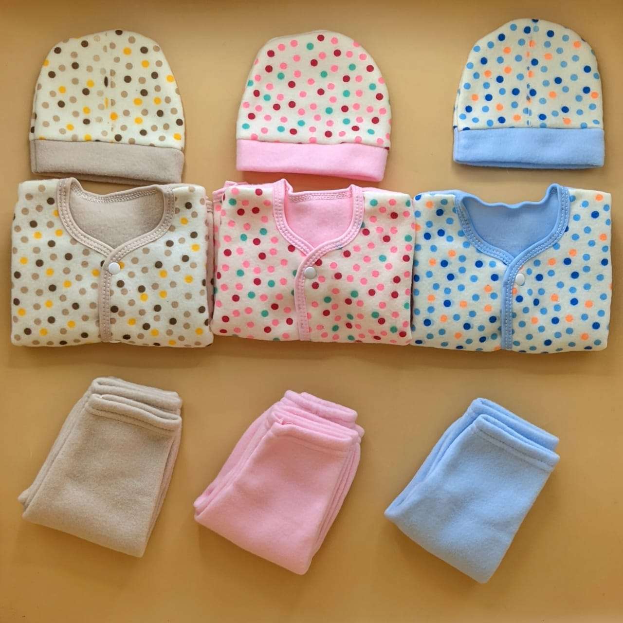 Pack of 3 Suits with Cap - Winter - Dots - Brown/Blue/Pink