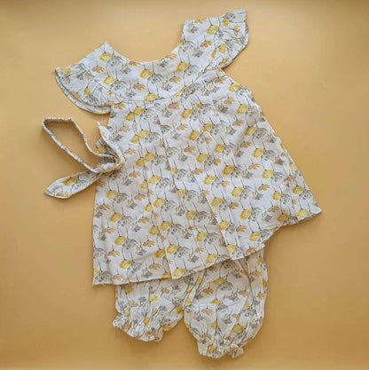 Frock with Pants & Headband - Floral - Beige