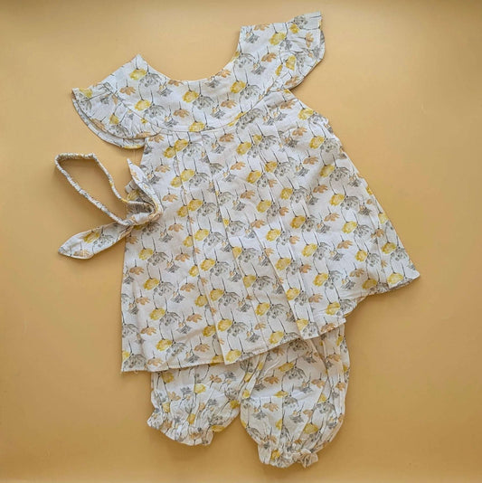 Frock with Pants & Headband - Floral - Beige