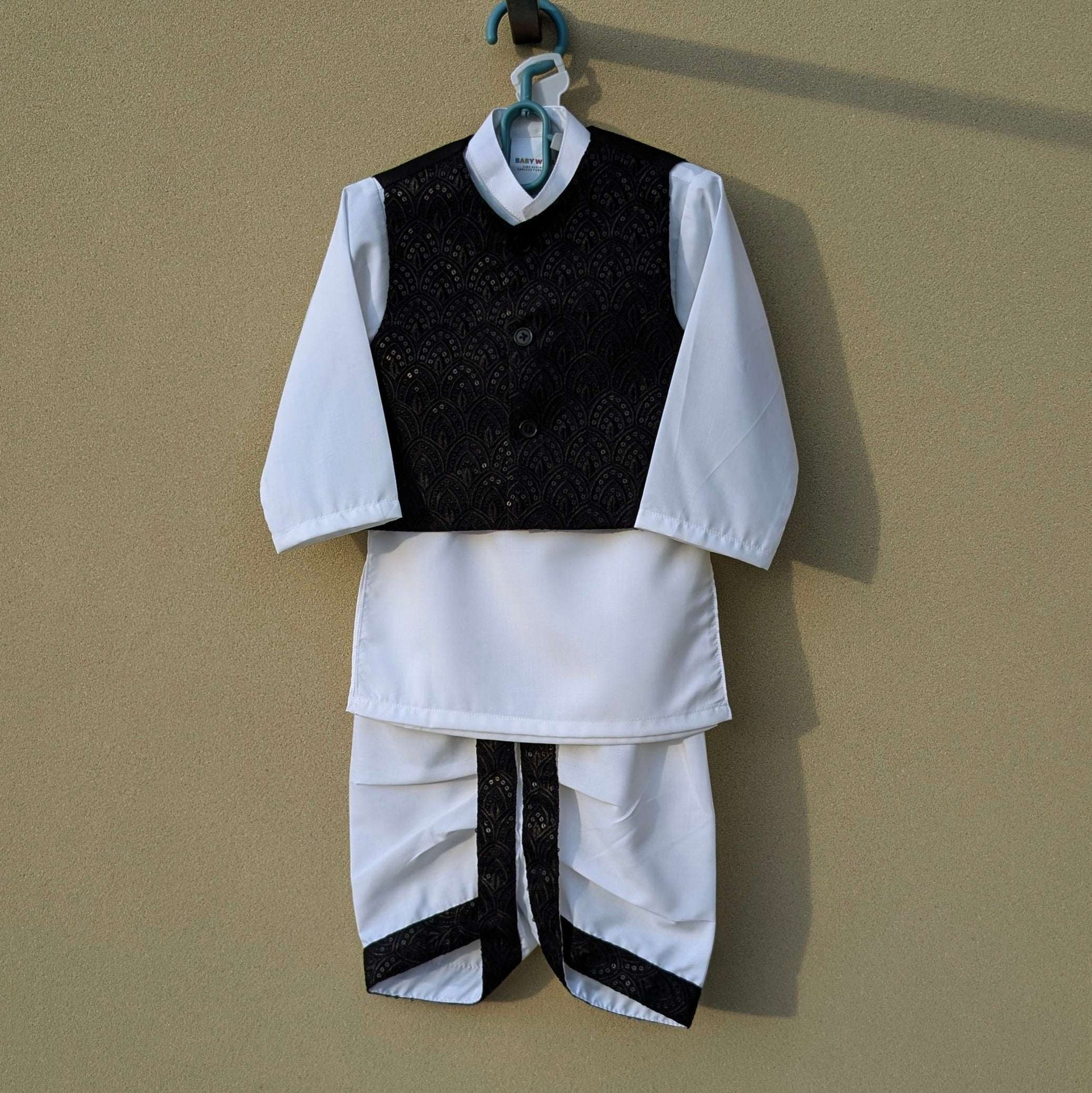 Baby 3 Pieces Dhoti Kurta with Embroidered Waistcoat - Black