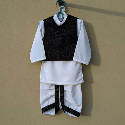 Baby 3 Pieces Dhoti Kurta with Embroidered Waistcoat - Black