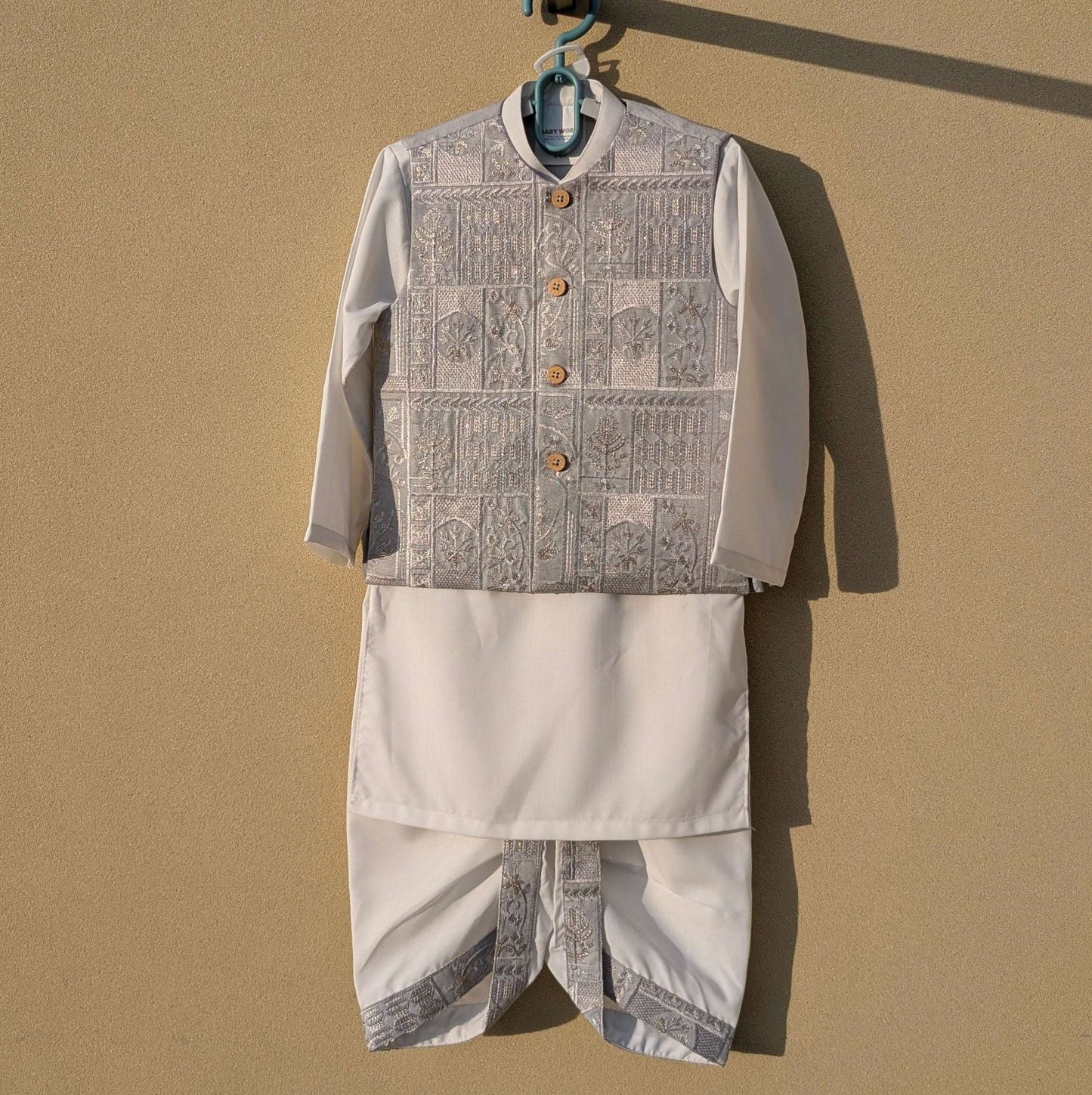 Baby 3 Pieces Dhoti Kurta with Embroidered Waistcoat - Grey