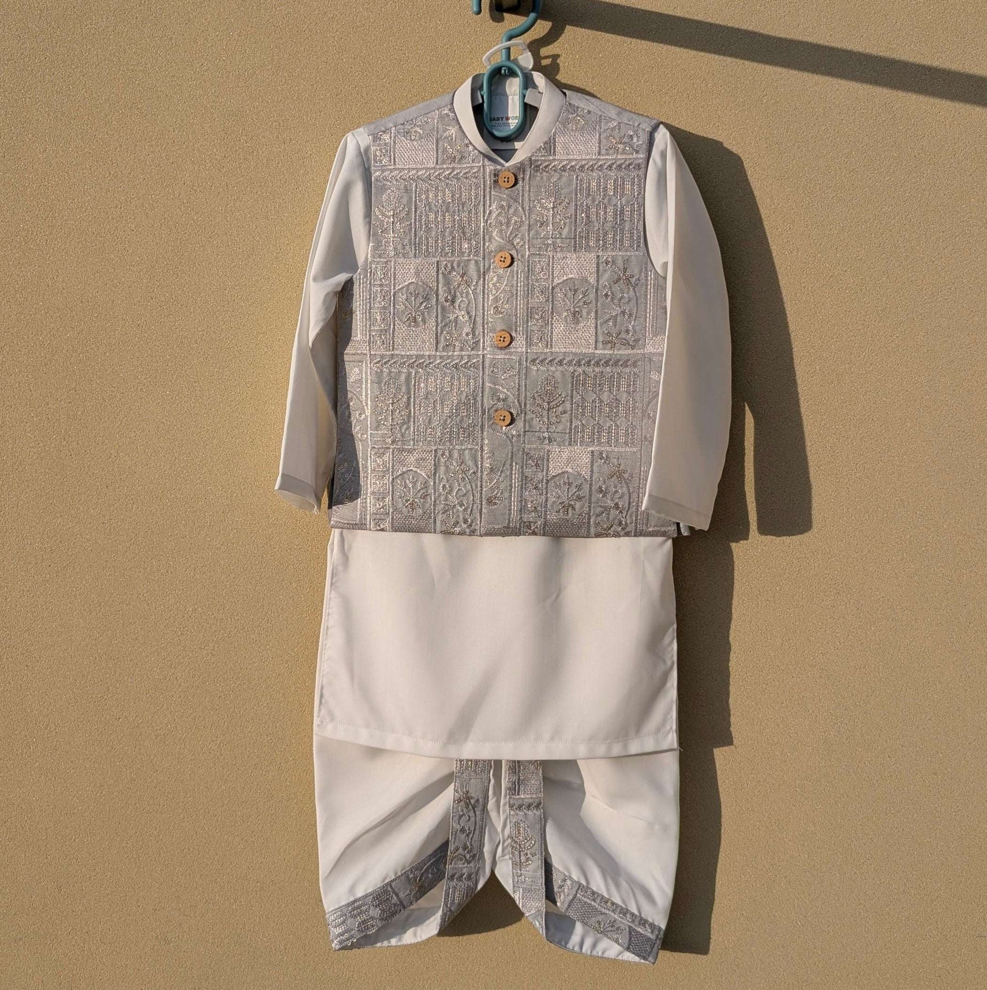 Baby 3 Pieces Dhoti Kurta with Embroidered Waistcoat - Grey