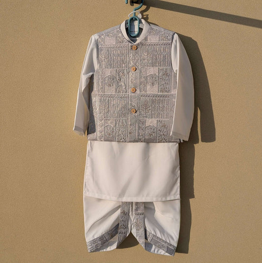 Baby 3 Pieces Dhoti Kurta with Embroidered Waistcoat - Grey