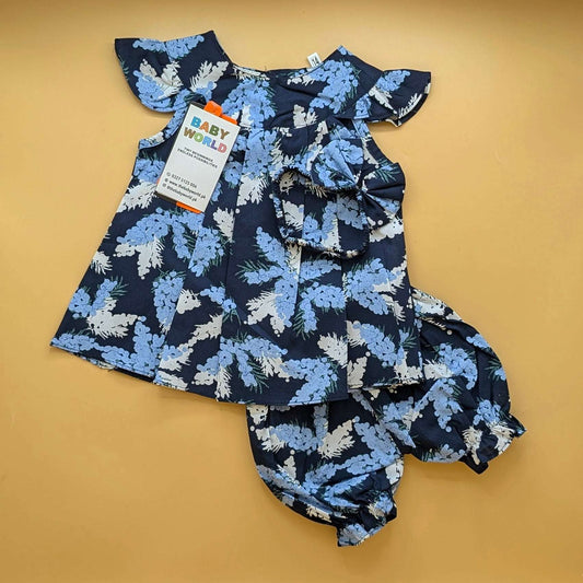 Frock with Pants & Headband - Floral - Navy Blue