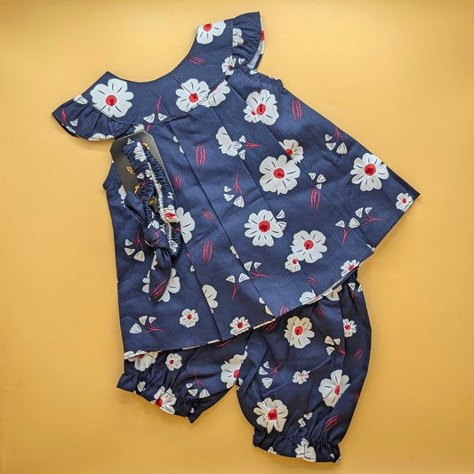 Frock with Pants & Headband - Floral - Royal Blue