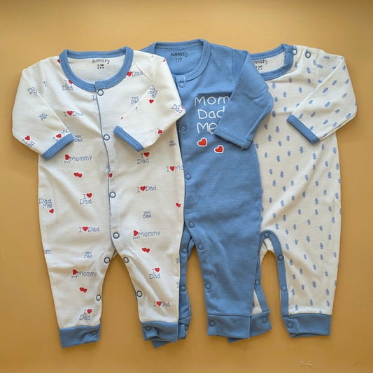 Pack of 3 Rompers/Sleep Suits - Mom, Dad, Me - Blue