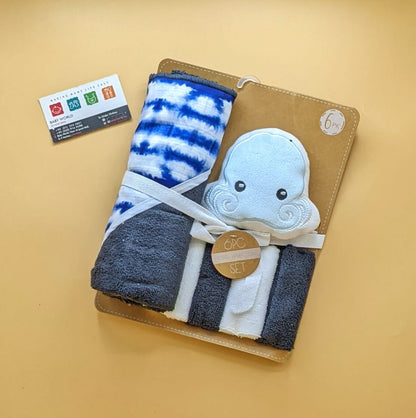 Hooded Bath Towel with Face Towels, & Bath Sponge