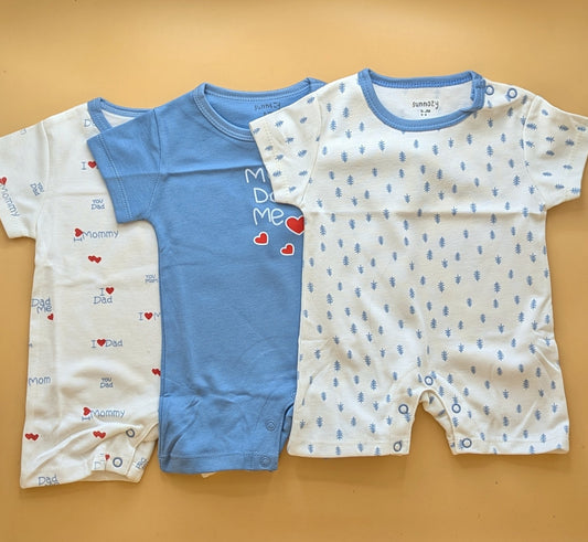 Pack of 3 Rompers/Sleep Suits Half Sleeves - Mom, Dad, Me - Blue