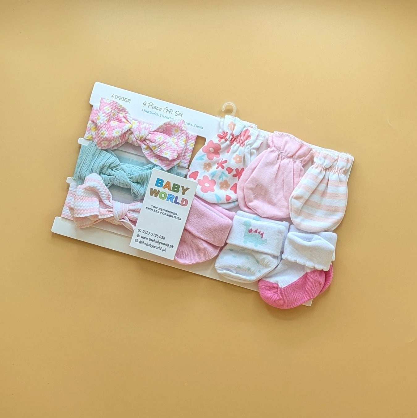 Baby 9 Pieces Gift Set - 3 Headbands, 3 Mittens, & 3 Pairs of Socks
