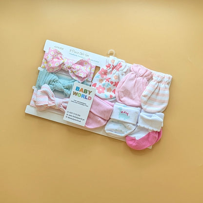 Baby 9 Pieces Gift Set - 3 Headbands, 3 Mittens, & 3 Pairs of Socks