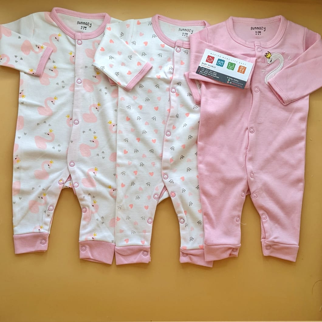 Pack of 3 Rompers/Sleep Suits - Pink - Swan 🦢