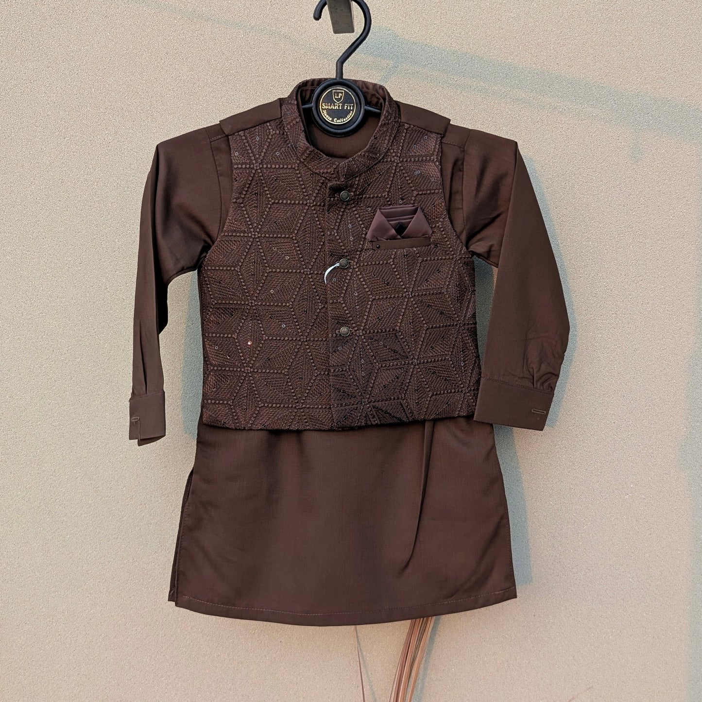 3 Pieces Premium Kameez Shalwar with Embroidered Waistcoat - Brown