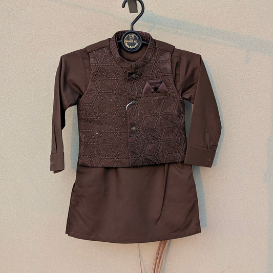 3 Pieces Premium Kameez Shalwar with Embroidered Waistcoat - Brown