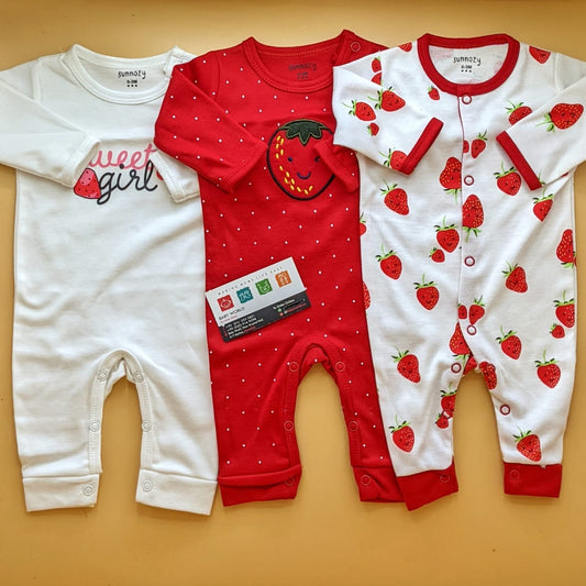 Pack of 3 Rompers/Sleep Suits - Strawberry 🍓