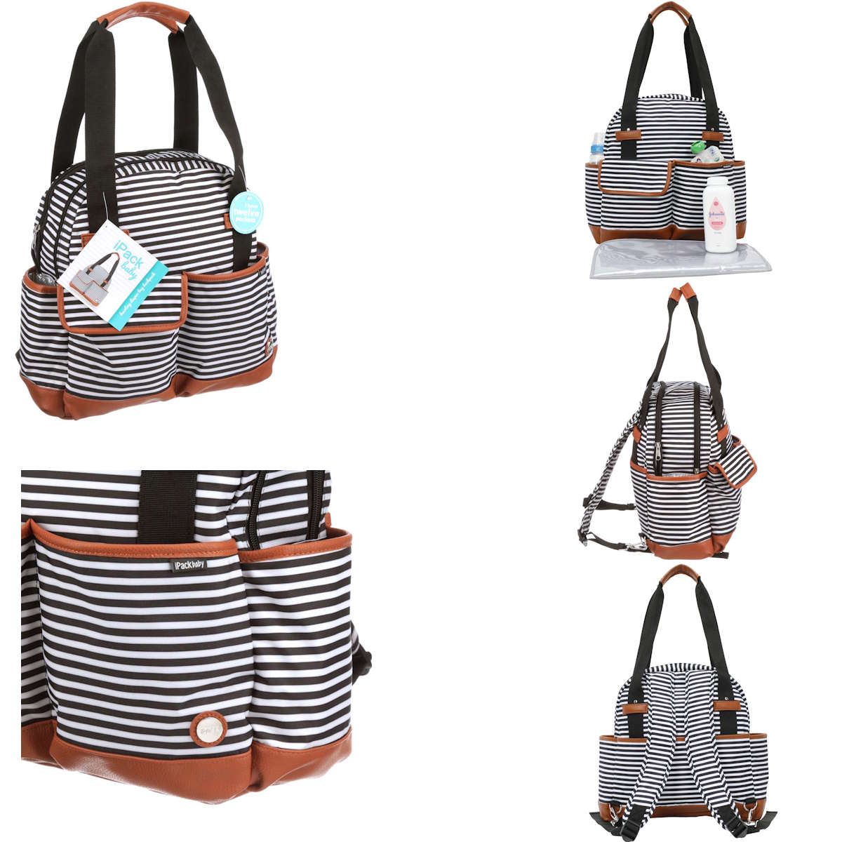 iPack Striped Insulated Diaper Tote Bag with Changing Pad & Adjustable Strap