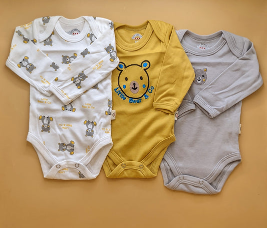 Pack of 3 Bodysuit - White, Mustard, Grey - Little Bear 🧸