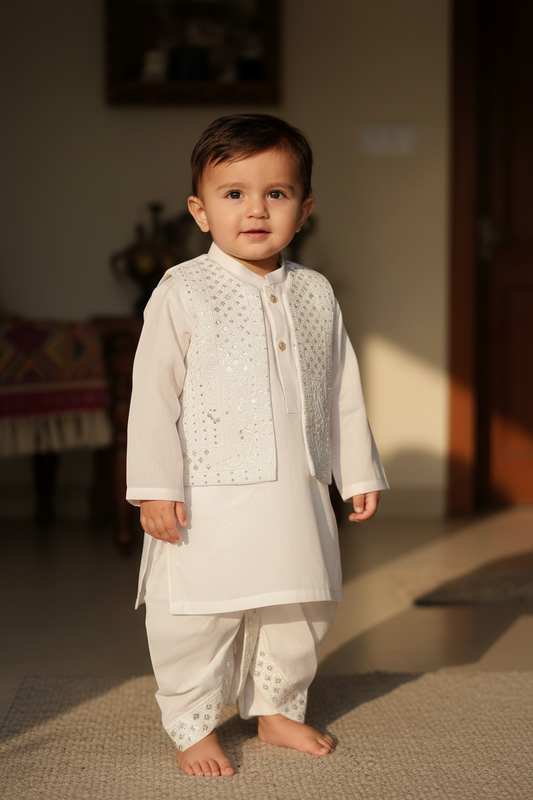 3 Pieces Kameez Dhoti with Floral Embroidered Waistcoat - Off-White