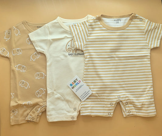 Pack of 3 Rompers/Sleep Suits Half Sleeves - Elephant 🐘 - Brown