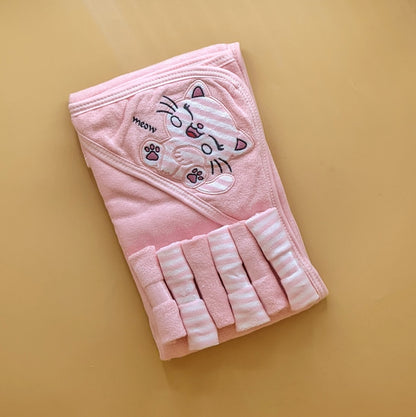 Hooded Bath Towel with 6 Pieces Face Towels