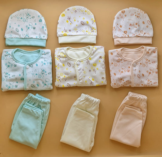 Pack of 3 Suits with Cap - Bear/Cloud  - Sea Green/Lemon/Peach