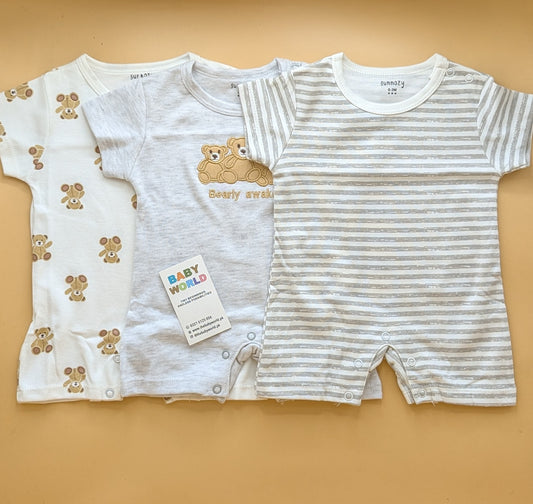 Pack of 3 Rompers/Sleep Suits Half-Sleeves - Bear 🐻 - Grey