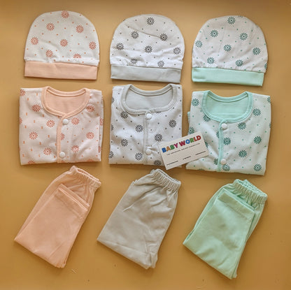 Pack of 3 Suits with Cap - flowers  - Peach/Grey/Green