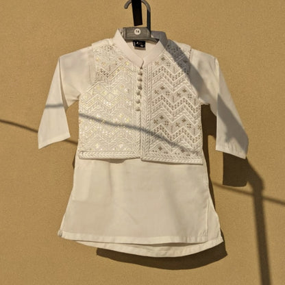 3 Pieces Kameez Shalwar with Embroidered Waistcoat - Zigzag - Off-White