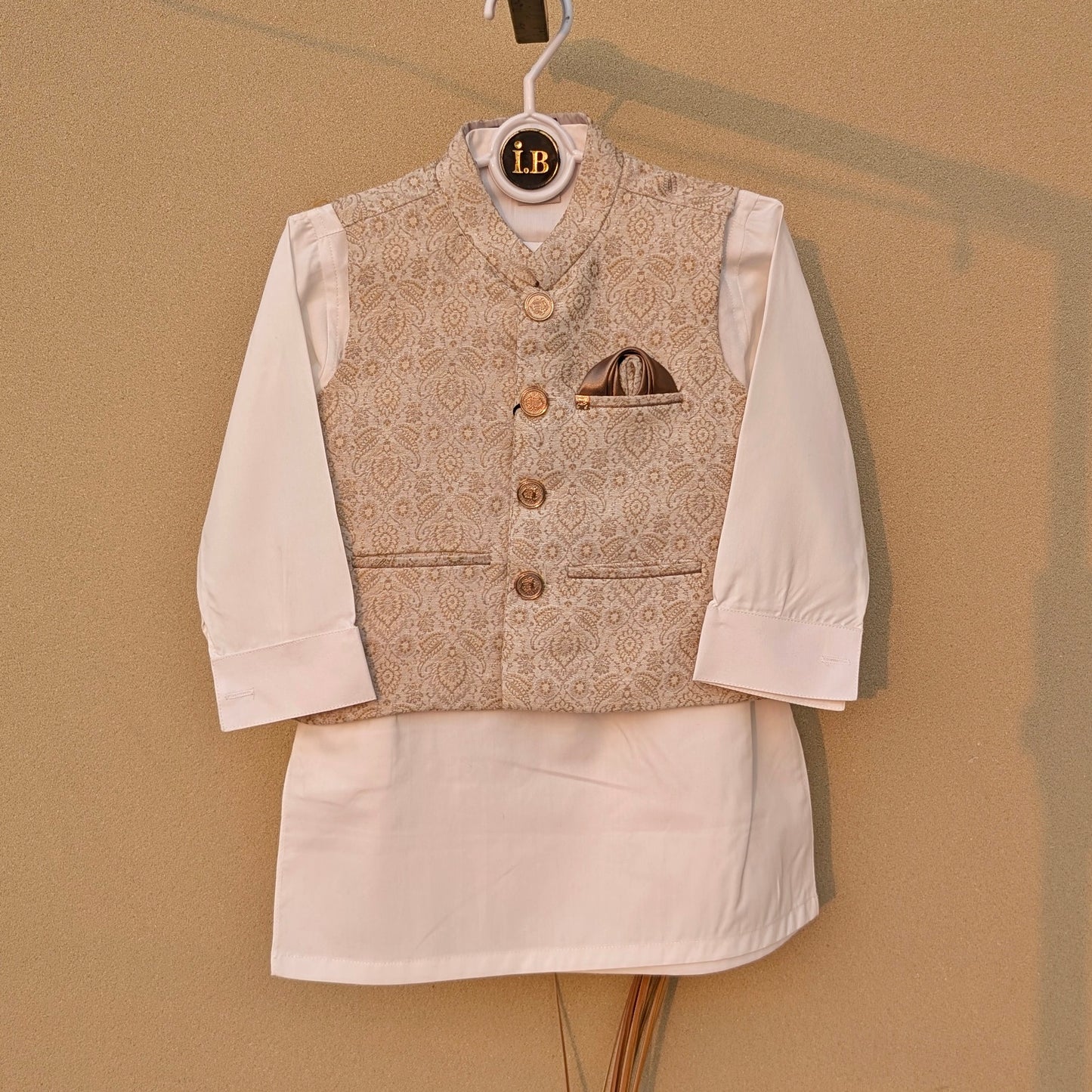 3 Pieces Premium Kameez Shalwar with Jamawar Waistcoat - Off-White