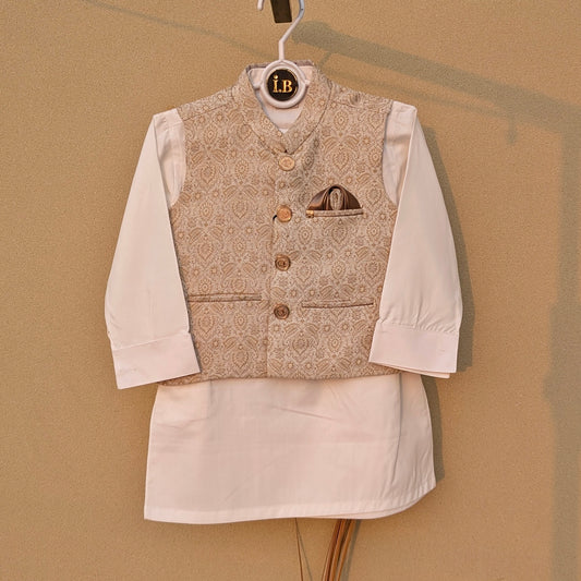 3 Pieces Premium Kameez Shalwar with Jamawar Waistcoat - Off-White