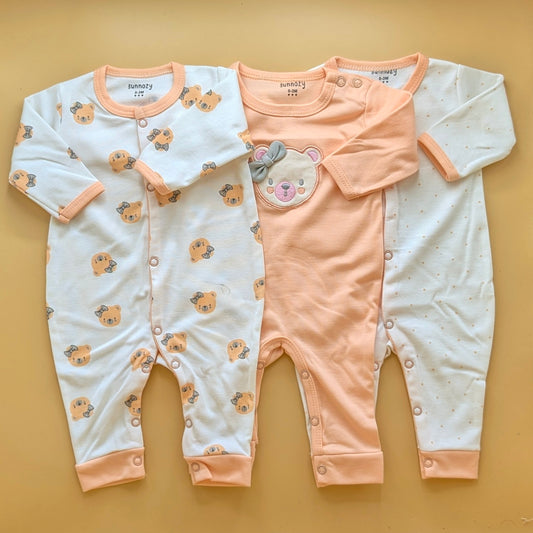 Pack of 3 Rompers/Sleep Suits - Bear/Bow - Peach
