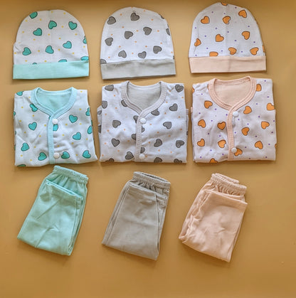 Pack of 3 Suits with Cap - Heart 🩶  - Green/Grey/Peach