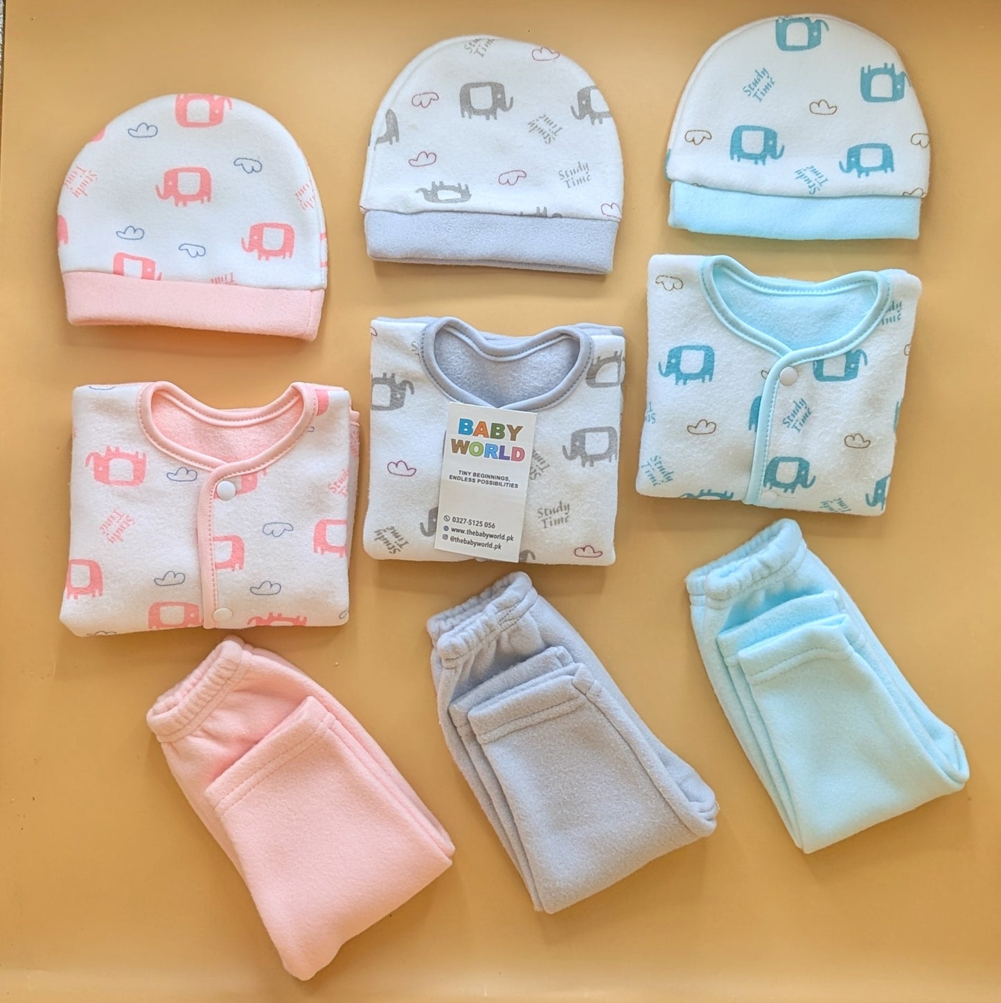 Baby Pack of 3 Suits with Cap - Elephant 🐘 - Winter -  Sea Green, Grey, Pink