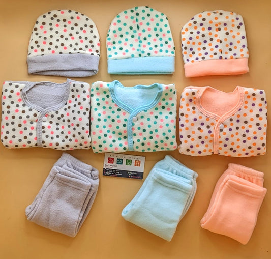 Pack of 3 Suits with Cap - Winter - Dots - Peachy Orange/Light Green/Grey