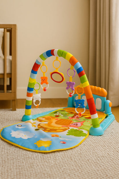 Cartoon Baby Activity Gym Fitness Baby Musical Piano Play Gym Mat With Animal Rattle Toys
