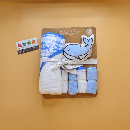 Hooded Bath Towel with Face Towels, & Bath Sponge