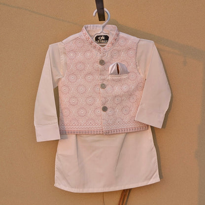 3 Pieces Premium Kameez Shalwar with Jamawar Waistcoat - Off-White