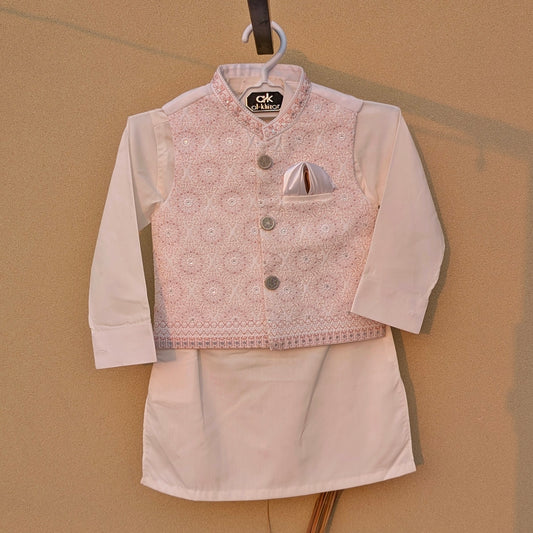 3 Pieces Premium Kameez Shalwar with Jamawar Waistcoat - Off-White