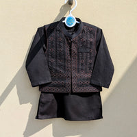 3 Pieces Kameez Shalwar with Embroidered Waistcoat - Diamond - Black