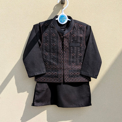 3 Pieces Kameez Shalwar with Embroidered Waistcoat - Diamond - Black