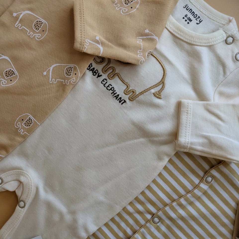 Pack of 3 Rompers/Sleep Suits - Elephant 🐘 - Brown
