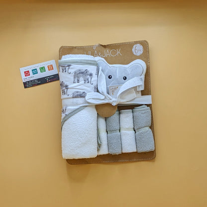 Hooded Bath Towel with Face Towels, & Bath Sponge