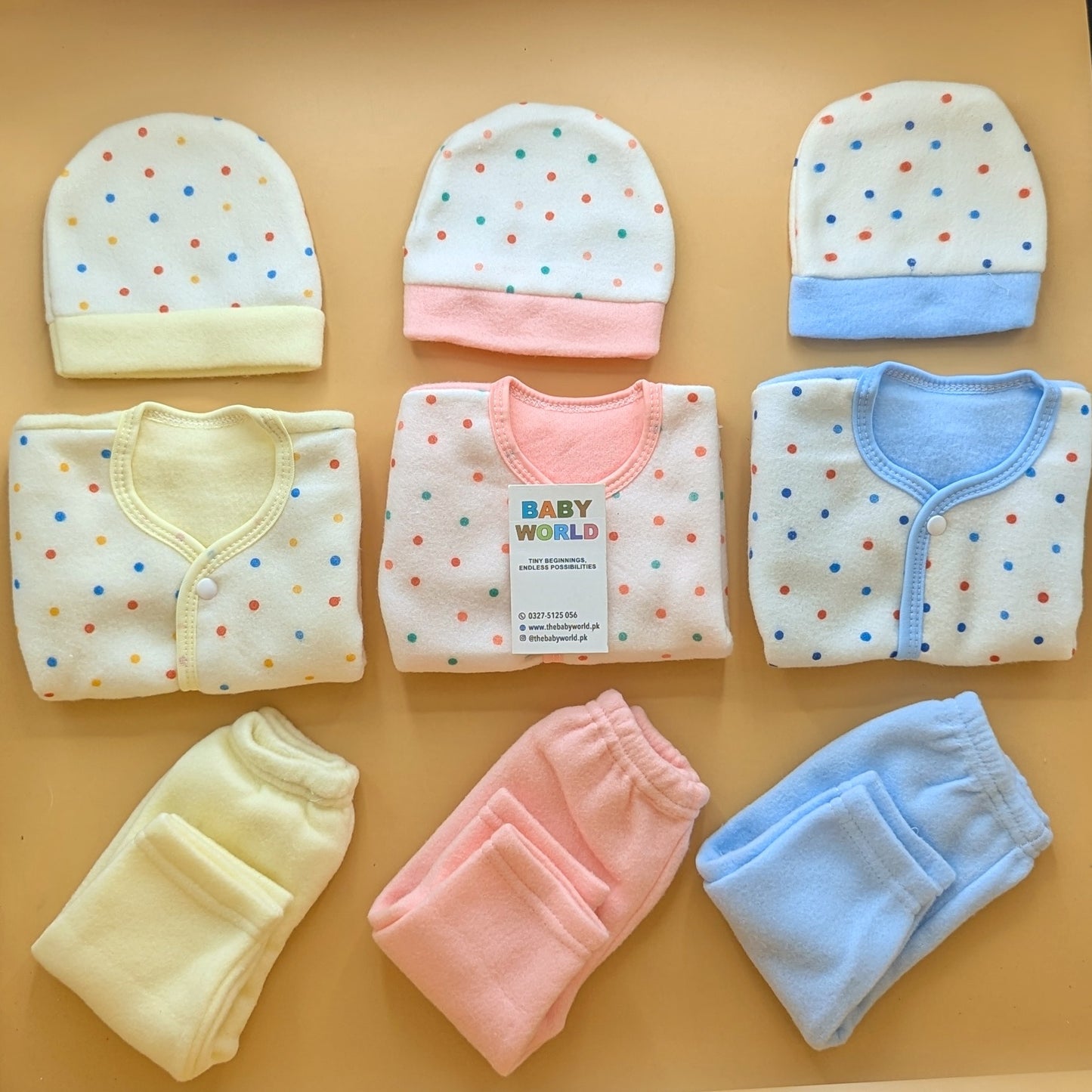 Baby Pack of 3 Suits with Cap - Dots - Winter - Blue, Lemon, Pink