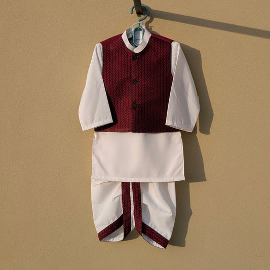 Premium Quality 3 Pieces Baby Dhoti Kurta with Embroidered Waistcoat - Maroon