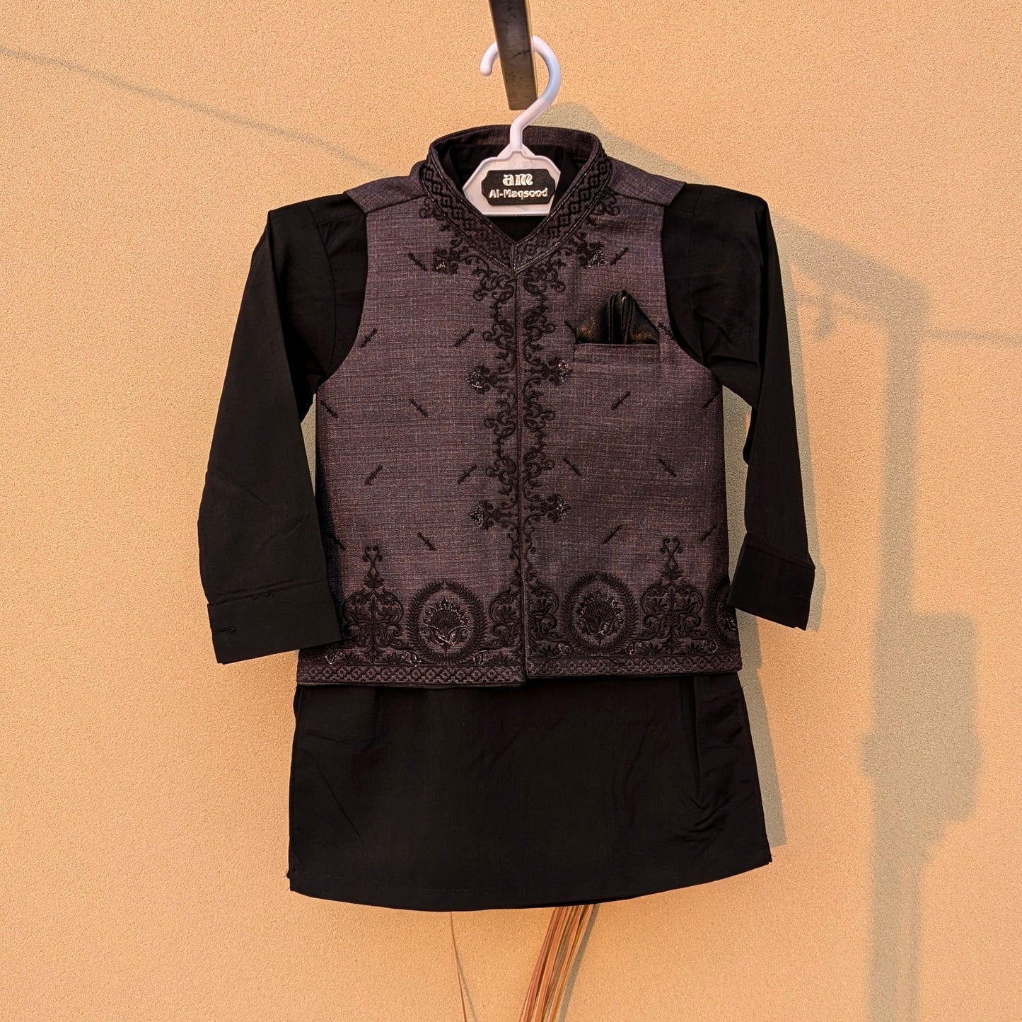 3 Pieces Premium Kameez Shalwar with Embroidered Waistcoat - Grey/Black