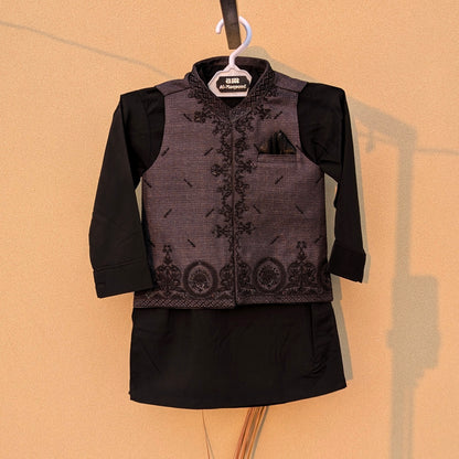 3 Pieces Premium Kameez Shalwar with Embroidered Waistcoat - Grey/Black
