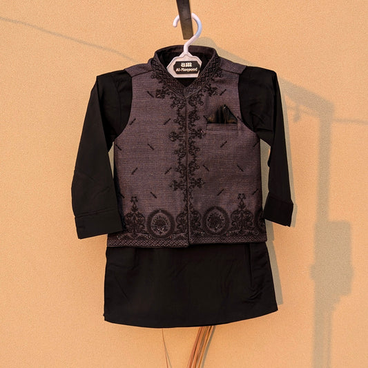 3 Pieces Premium Kameez Shalwar with Embroidered Waistcoat - Grey/Black