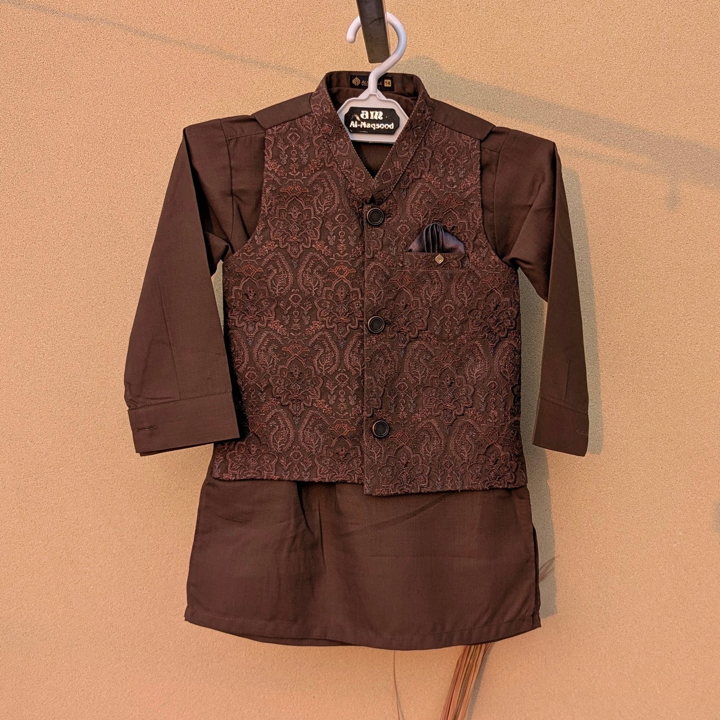 3 Pieces Premium Kameez Shalwar with Embroidered Waistcoat - Brown