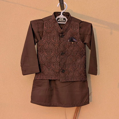 3 Pieces Premium Kameez Shalwar with Embroidered Waistcoat - Brown