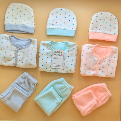 Baby Pack of 3 Suits with Cap - Dots - Winter - Grey, Sea Green, Peach